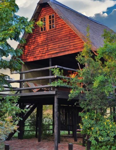 Log Cabins exterior with shaded parking bay
