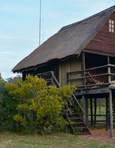 Log Cabin exterior with shaded parking bay